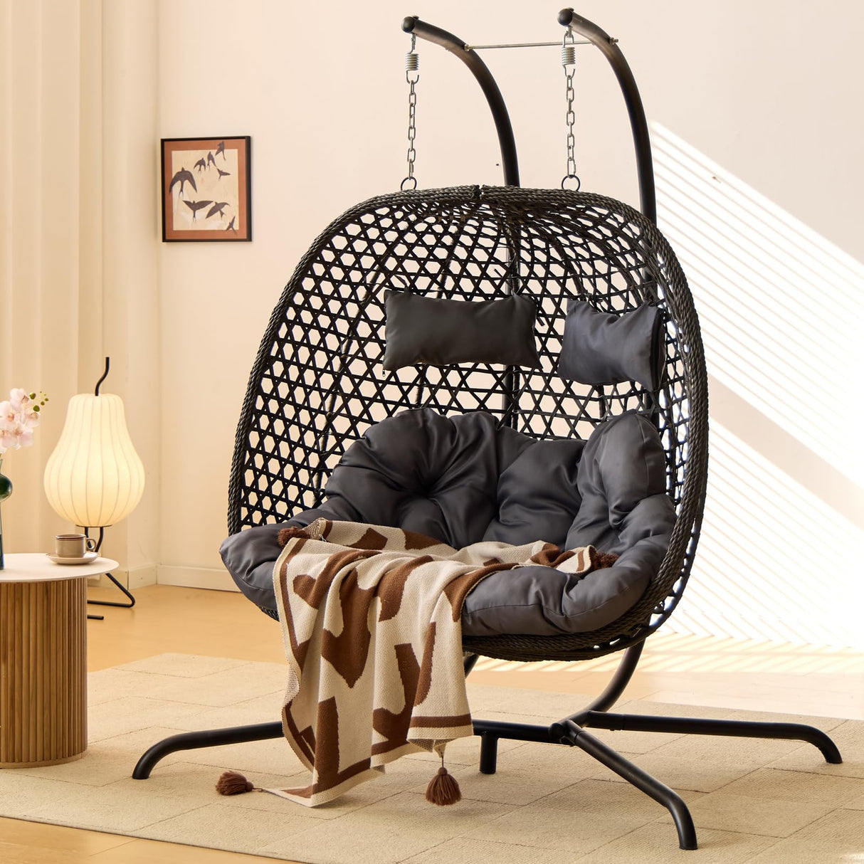 Double Hanging Swing Egg Chair with Stand, Hexagon Wicker Hammock Swing Chair for Outdoor Garden Patio, 2 Person Egg Chair with Foldable Loveseat Removable Cushions (Dark Grey) WALTSOM