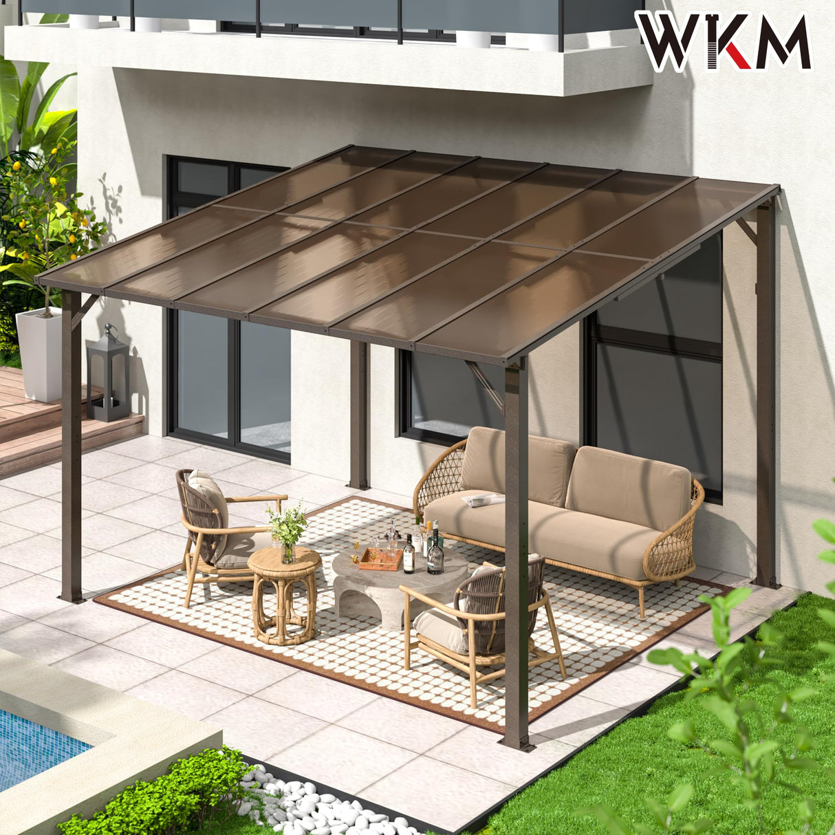 WKM 10X12 FT Gazebo,Gazebos on Clearance, Wall Mounted Gazebo, Pergolas and Gazebos Clearance, Lean to Gazebo Hard Top, Decks, Porch and Backyard WKM