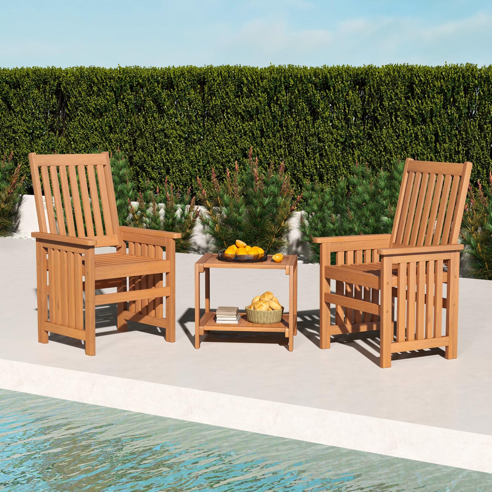 Tangkula 3 Pieces Patio Furniture Set with 1.5” Umbrella Hole, Wood Table and Chairs Set for 2, for Porch, Backyard, Poolside, Lawn, Deck - WoodArtSupply