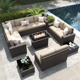 LayinSun 13 Pieces Outdoor Patio Furniture Set with 44" Fire Pit Table Brown Rattan Sectional Sofa Conversation Sets LayinSun
