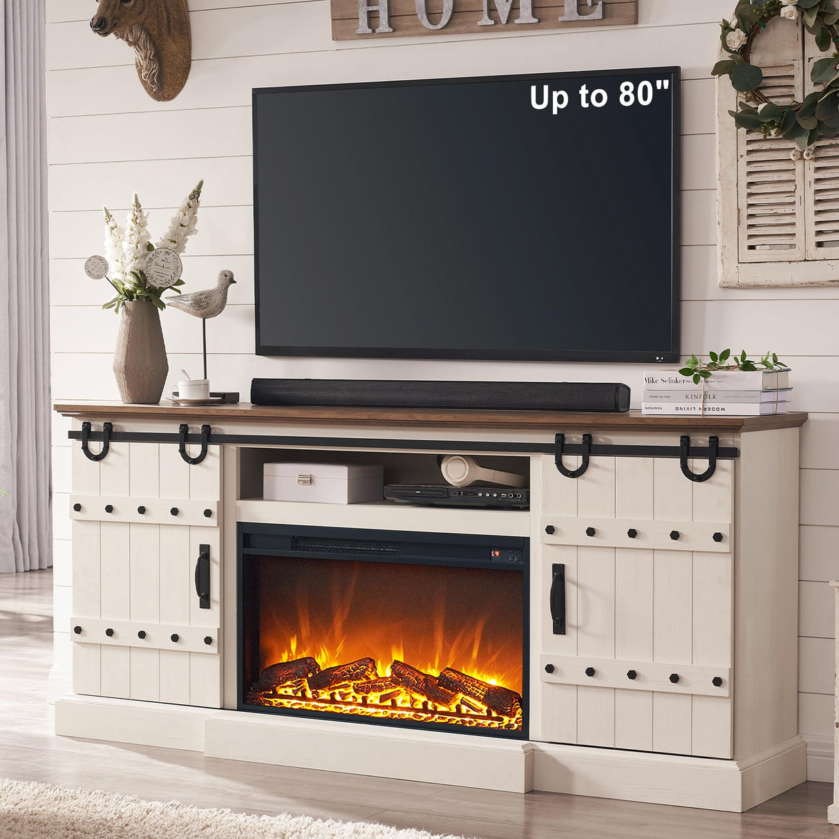 OKD 70" Fireplace TV Stand for 75+ 80 Inch TV, Farmhouse Highboy Entertainment Center with 30" Electric Fireplace & Sliding Barn Doors, Rustic Tall Media Console Cabinet for Living Room, Antique White OKD