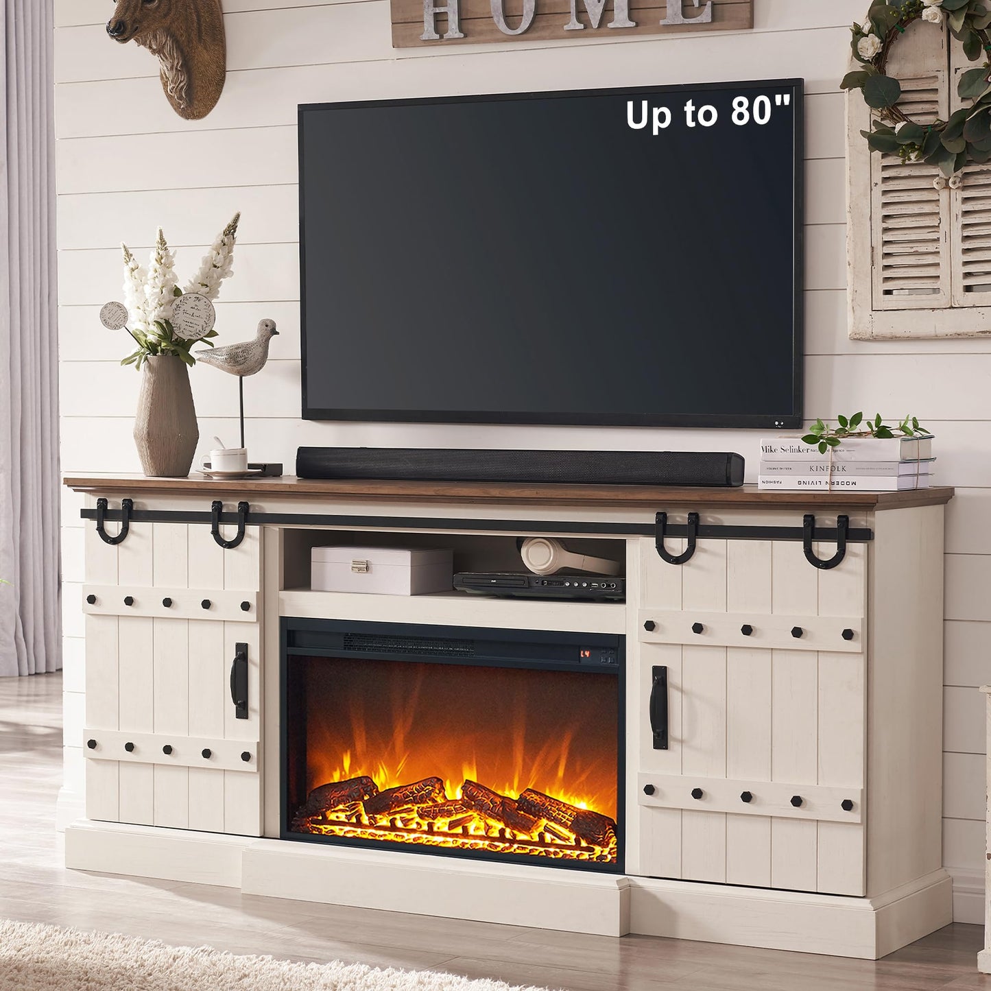 OKD 70" Fireplace TV Stand for 75+ 80 Inch TV, Farmhouse Highboy Entertainment Center with 30" Electric Fireplace & Sliding Barn Doors, Rustic Tall Media Console Cabinet for Living Room, Antique White