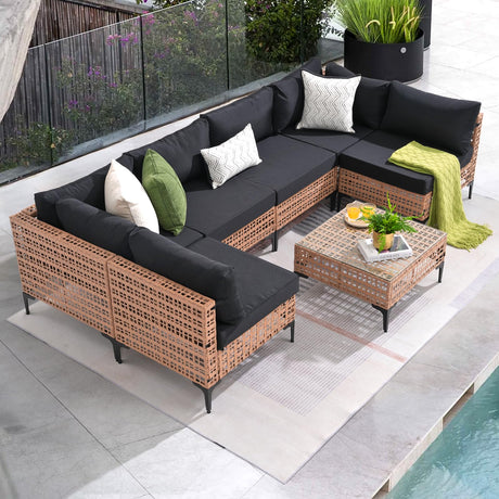 Patiorama 7 Piece Wicker Patio Furniture Set, Natural-Colored PE Rattan Outdoor Conversation Set Sectional Sofa with Water Resistant Cushion and Glass Table, Outdoor Couch, Porch, Backyard-Black Patiorama