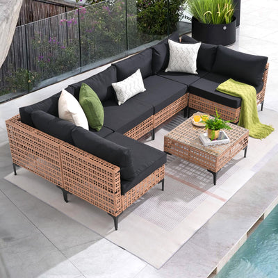 Patiorama 7 Piece Wicker Patio Furniture Set, Natural-Colored PE Rattan Outdoor Conversation Set Sectional Sofa with Water Resistant Cushion and Glass Table, Outdoor Couch, Porch, Backyard-Black