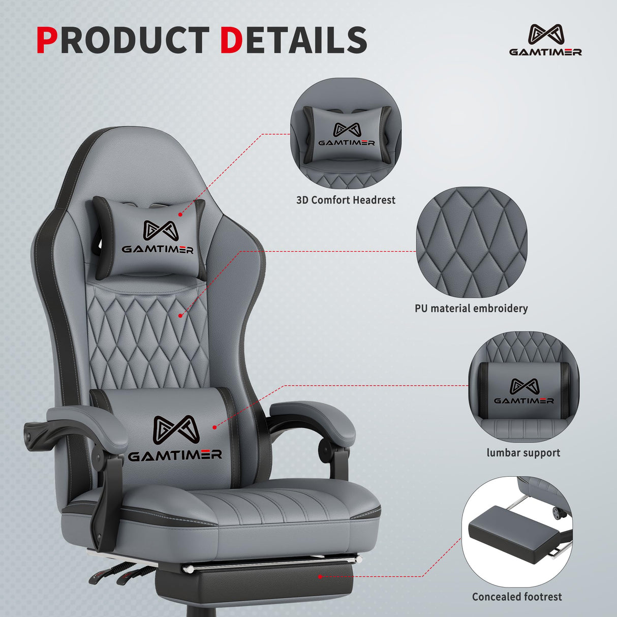 Gaming Chair with Footrest, Ergonomic Computer Chair, PU Breathable Material with Headrest and Lumbar Support, Suitable for Silla Gamer and Adults (Grey) Gamtimer