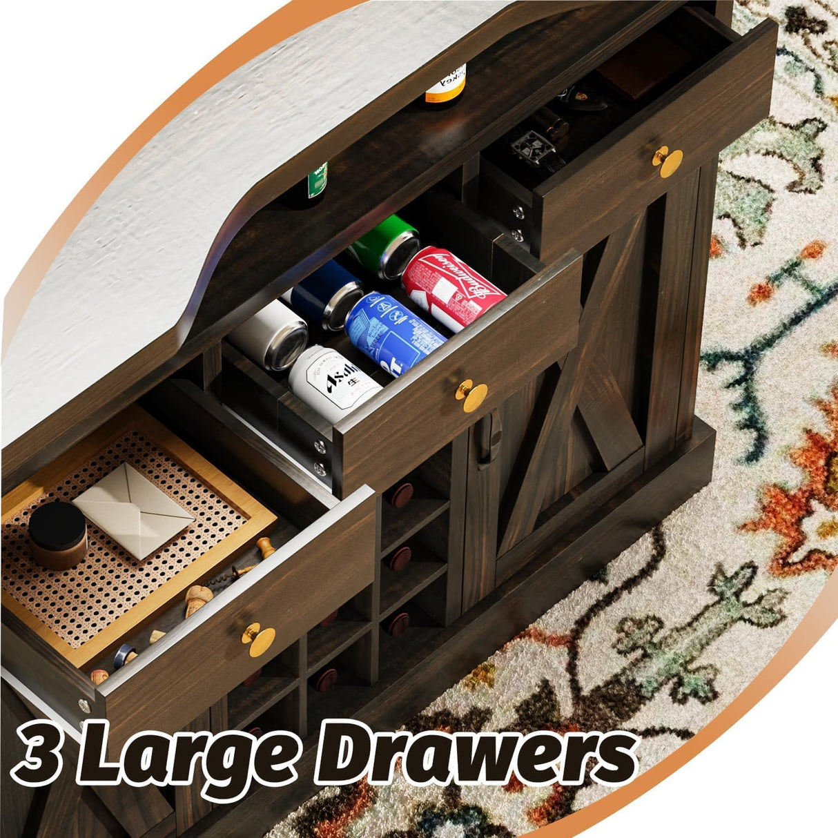 Farmhouse Home Bar Unit with 4-Tier Storage, 52 Inch Home Bar Table with 3 Drawers and 9 Wine Racks, Wine and Liquor Cabinet with Barn Door and Footrest, Indoor Bars for Home (Dark Oak) 4ever2buy