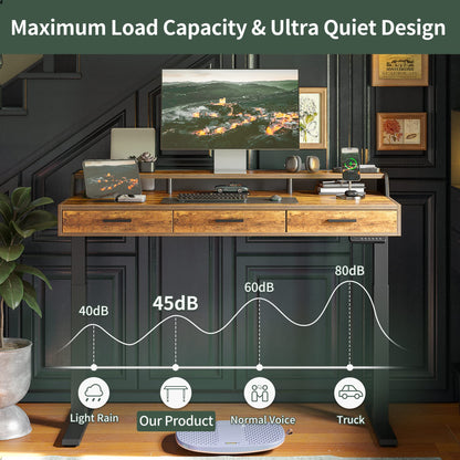 FEZIBO Electric Standing Desk with Drawers, 48x24 Inch Standing Desk Adjustable Height, Stand Up Desk with Monitor Shelf, Sit Stand Home Office Desk, Rustic Brown - WoodArtSupply