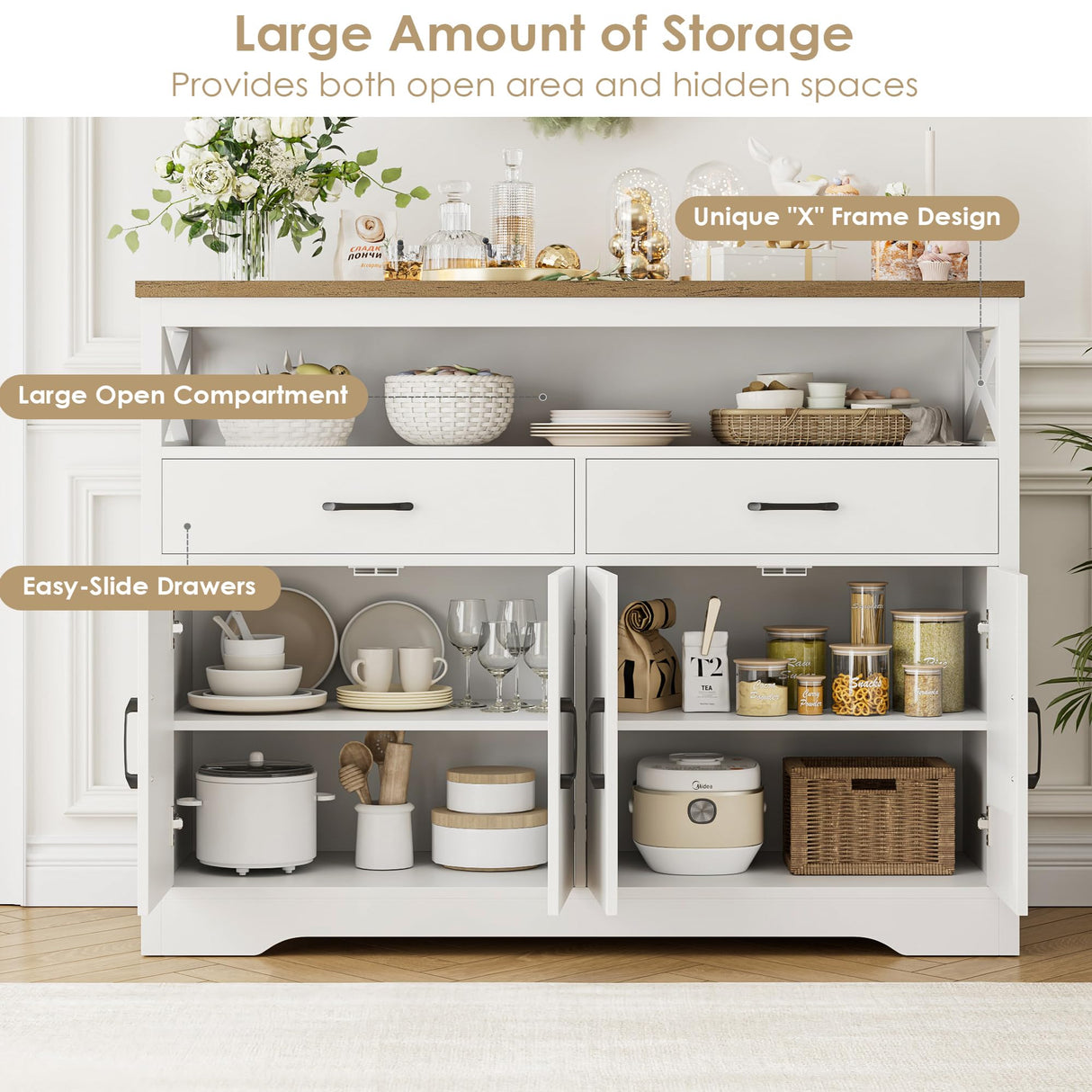 HOSTACK 47" Modern Farmhouse Sideboard Buffet Cabinet, Wood Buffet Storage Cabinet with Drawers & Shelves, Large Coffee Bar Cabinet with Storage, Microwave Stand for Kitchen, Dining Room, White Brown HOSTACK