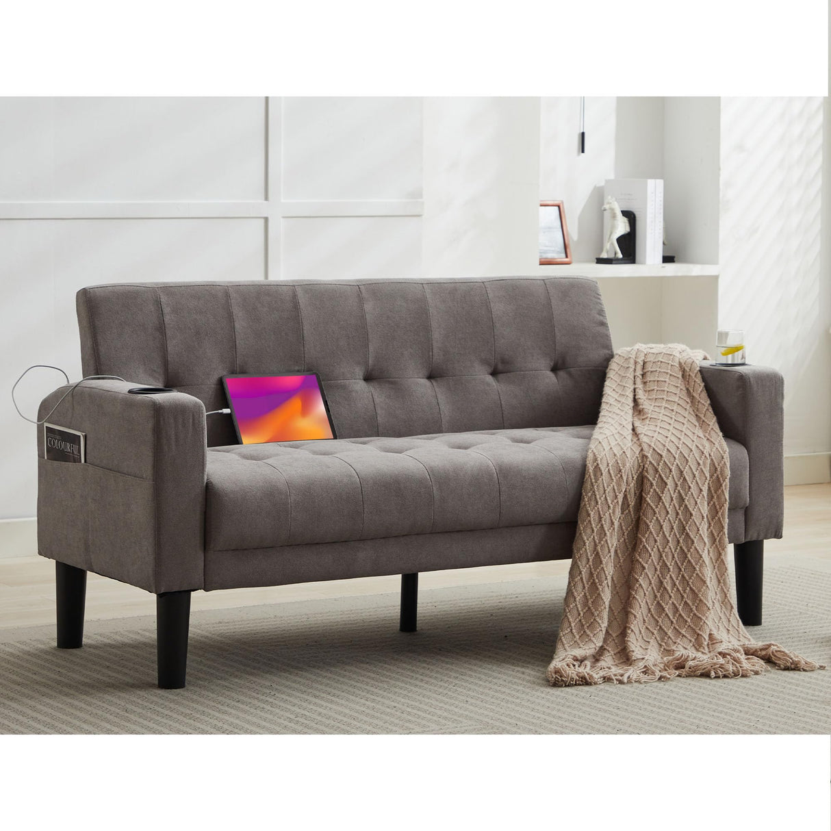 TYBOATLE Sofa Couch 62" W Loveseat w/ 2 USB Charger Ports & 2 Cupholders, Mid-Century Modern Tufted Small Love Seat Couches for Office,Compact Living Room,Bedroom,Apartment,Dorm(Light Grey) TYBOATLE