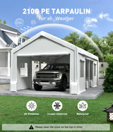 GarveeLife 20'x 10'x 11' Windproof Carport Top Replacement Cover Grey Heavy-Duty Garage Top Tent Shelter Tarp Waterproof & UV Protected (Top Cover ONLY, Frame Not Included) White GarveeLife