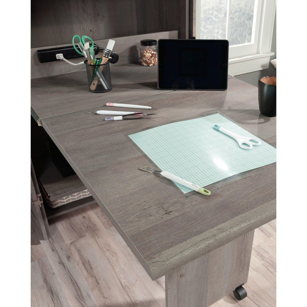 Sauder Miscellaneous Storage Craft & Sewing Armoire, L: 35.112" x W: 21.81" x H: 61.58", Mystic Oak Sauder