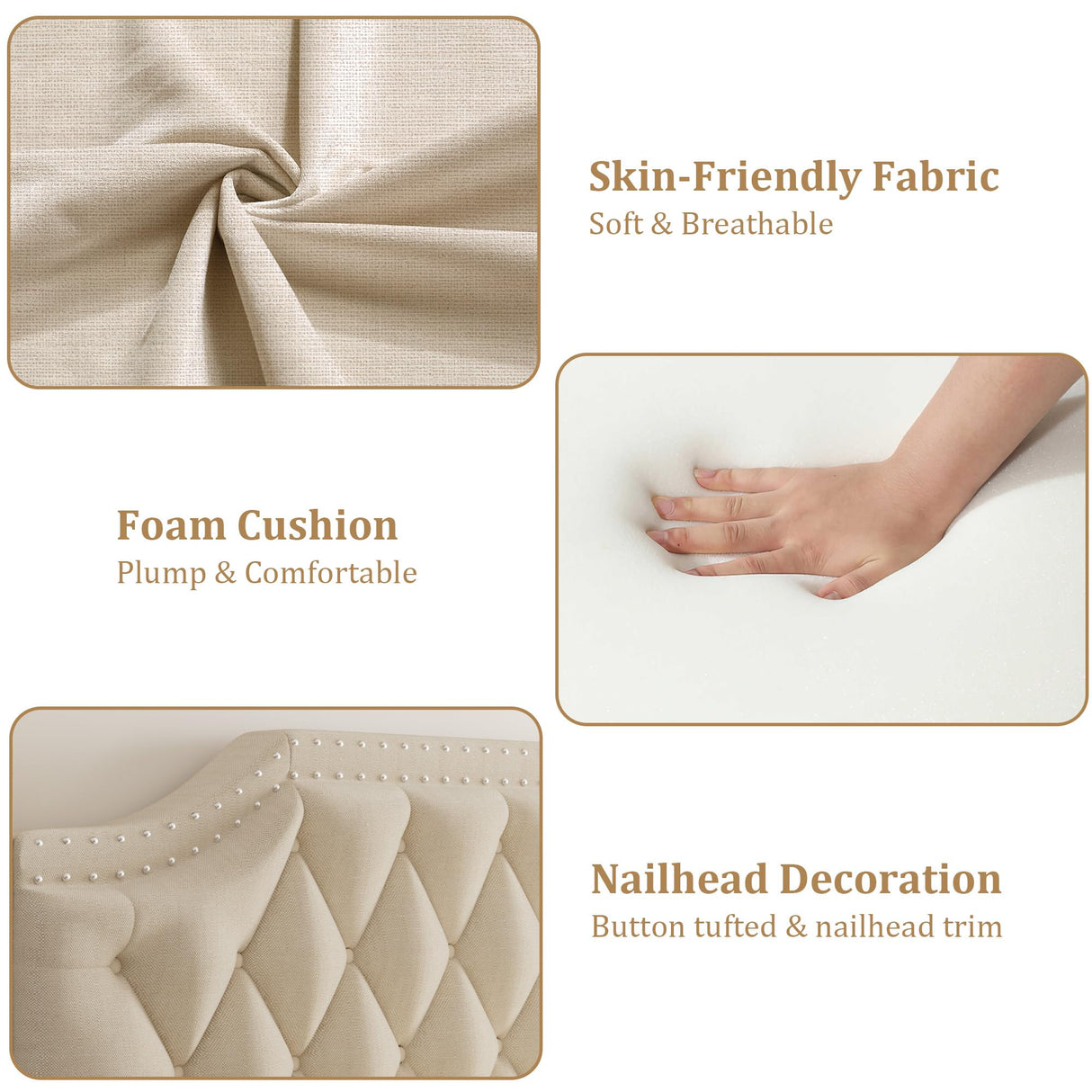 GAOMON Full Canopy Bed Frame with Upholstered Headboard, Four Poster Design, Button Tufted, and Slide Rail, No Box Spring Required, Wooden Slatted Structure, Beige GAOMON