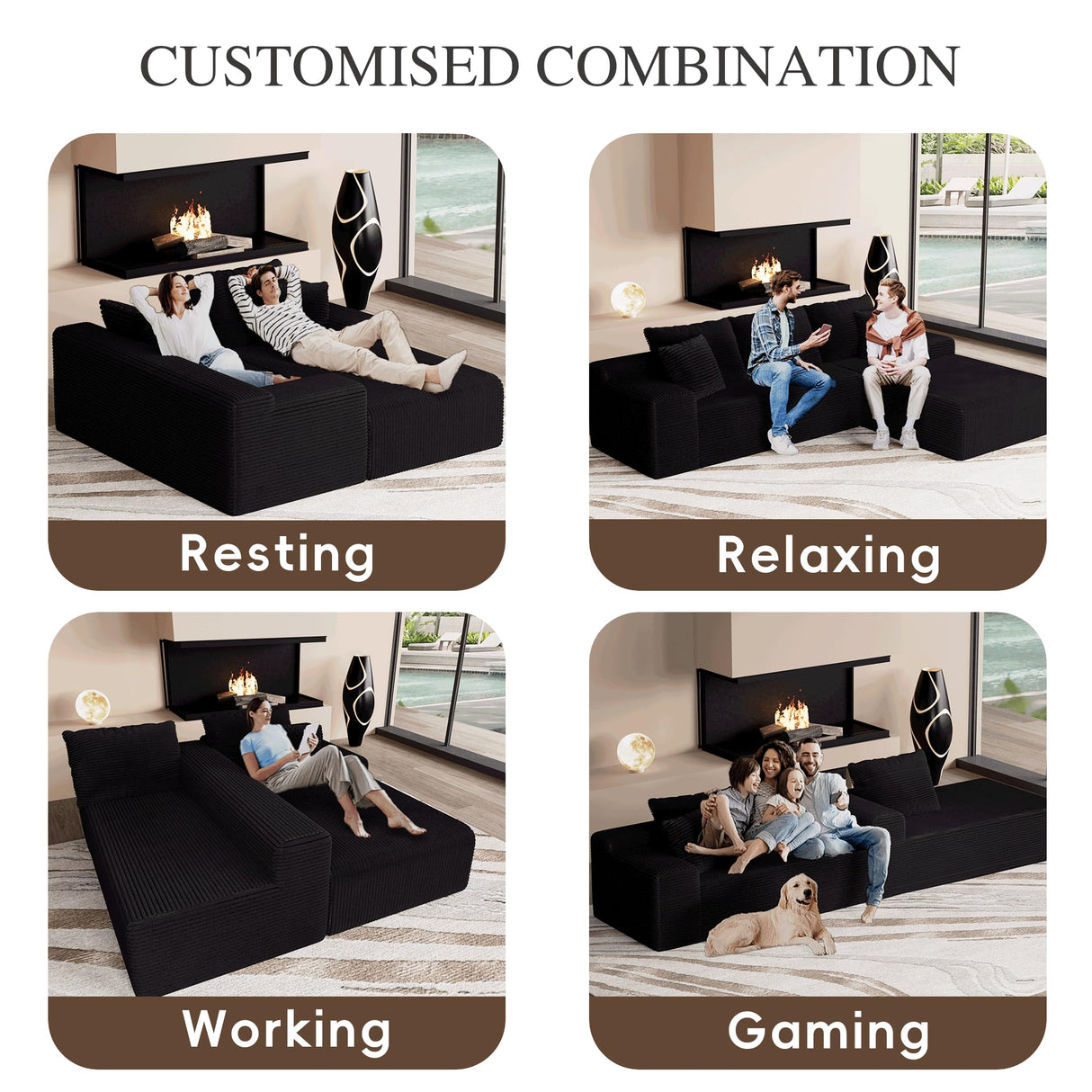 GLAMOUT 105" Convertible Sectional Couch with L-Shape Chaise, Modern Modular Sofa with Deep Seat, 3-Seater Comfy Cloud Couches for Living Room, Bedroom, No Assembly Required, Black GLAMOUT