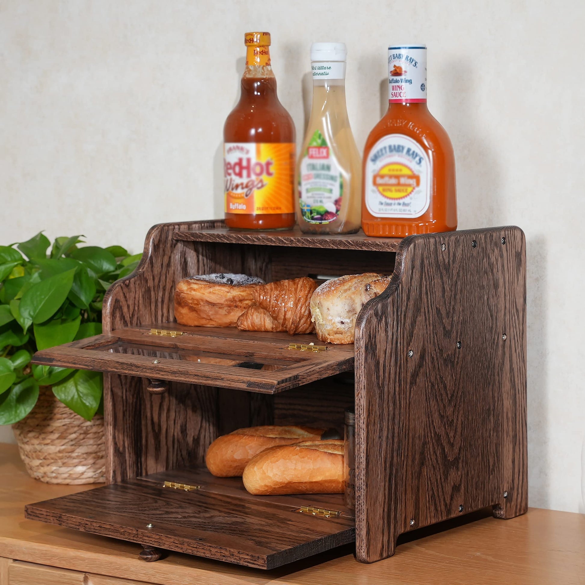 CONSDAN Bread Box, Solid Wood Oak Bread Box for Kitchen Countertop, Double Layer Bread Container for Bread Storage, Large Capacity Breadbox with - WoodArtSupply