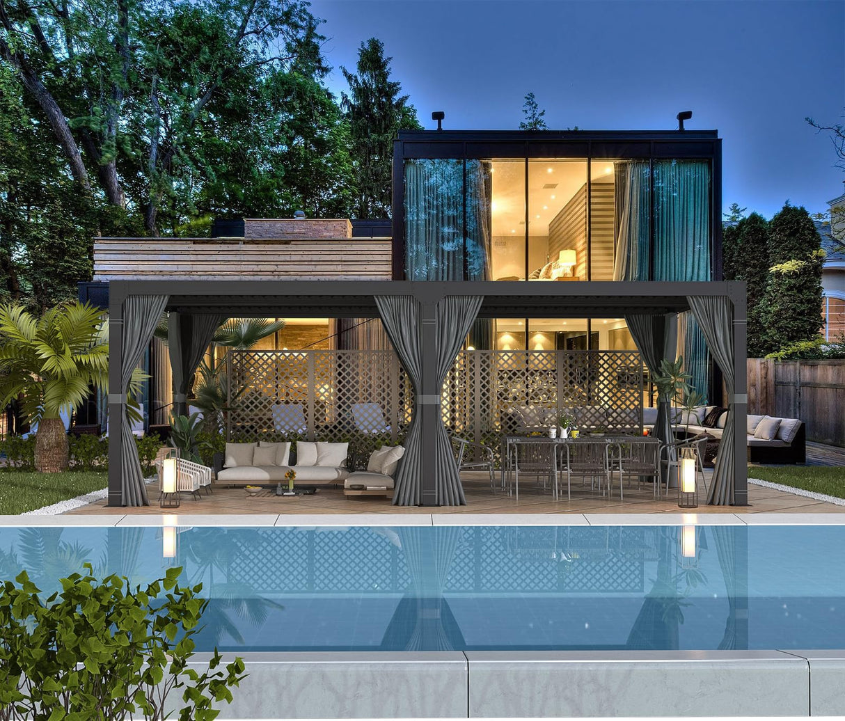 EROMMY Louvered Pergola 12' x 24' Outdoor Hard Top Pergola with Aluminum Frame and Adjustable Metal Rainproof Roof for Garden & Patio, Curtains and Netting Included, Gray-Black EROMMY