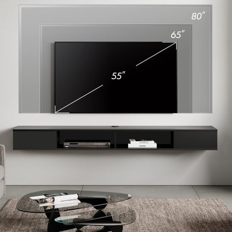 WAMPAT 70 inch Black Floating TV Stand, Entertainement Center Wall Mount for 75 inch TV, Media Console for Under TV with Storage for Living Room WAMPAT