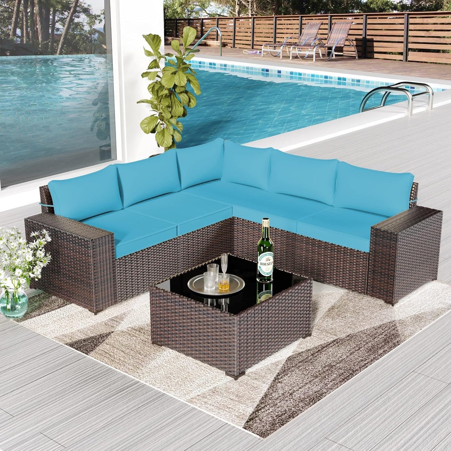 RTDTD Outdoor Patio Furniture Set, 6 Pieces Outdoor Furniture All Weather Patio Sectional Sofas PE Wicker Modular Conversation Sets with Coffee Table,5 Chairs & Seat Clips Turquoise Blue. - WoodArtSupply