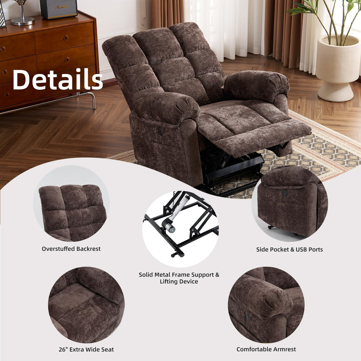 Rhevoy Oversized Power Lift Recliner Chair with Massage and Heat for Elderly, 26" Extra Wide Lift Chair for Big and Tall, Chenille Electric Lift Recliner with Overstuffed Backrest, USB Port, Coffee Rhevoy