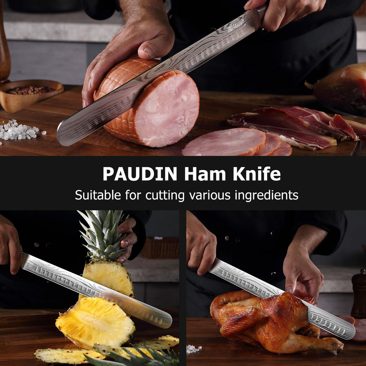 PAUDIN Brisket Knife, 12 Inch Stainless Steel Carving Knife with Granton Edge for Meat Cutting, Roasts, BBQ, Turkey PAUDIN