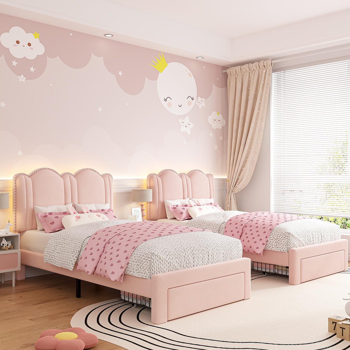 EnHomee Twin LED Bed Frame with Storage Drawer,Princess Bed Frame Twin Size,Cute Upholstered Bed Frame with Adjustable Cloud Headboard,Strong Support,No Box Spring Required,Easy Assembly,Pink EnHomee