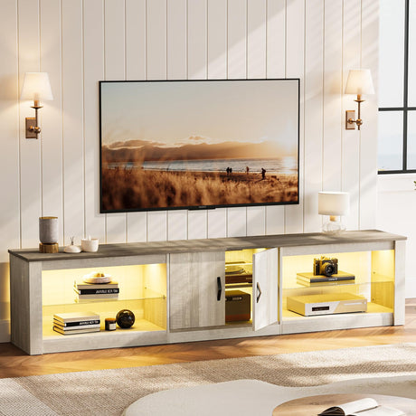 Bestier 80 Inch TV Stand for 65/75/85 inch TVs, Modern LED Entertainment Center with Storage Cabinet, Adjustable Glass Shelves ＆ Cable Management, Gaming TV Console Table for Living Room, Wash White Bestier
