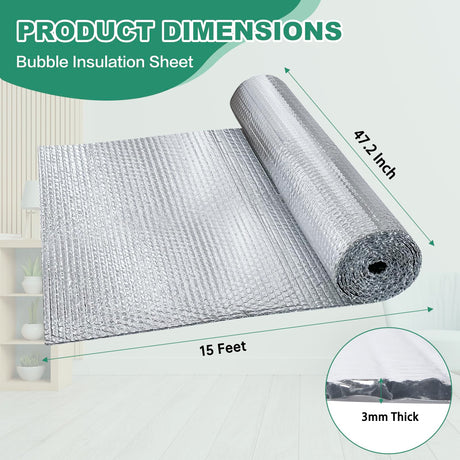 Reflective Bubble Insulation Sheet, Double Side Aluminum Foil Bubble Shield, Aluminum Foil Thermal Insulation Radiant Barrier for Windows, RV, Roof, Garage Door (47IN X 15FT) FONUNO
