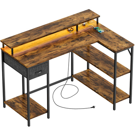Homall L Shaped Gaming Desk with LED Lights&Power Outlets, 47'' Reversible Computer Corner Table with Shelves&Monitor Stand, Home Office(Rustic Brown) Homall