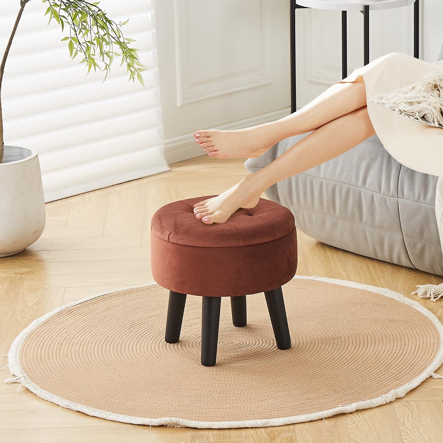 Cpintltr Storage Ottoman Footstool Round Footrest with Removable Lid Soft Padded Foot Stool with Solid Wood Legs Side Table with Storage Step stool Extra Seating for Hallway Living Room Bedroom Coffee