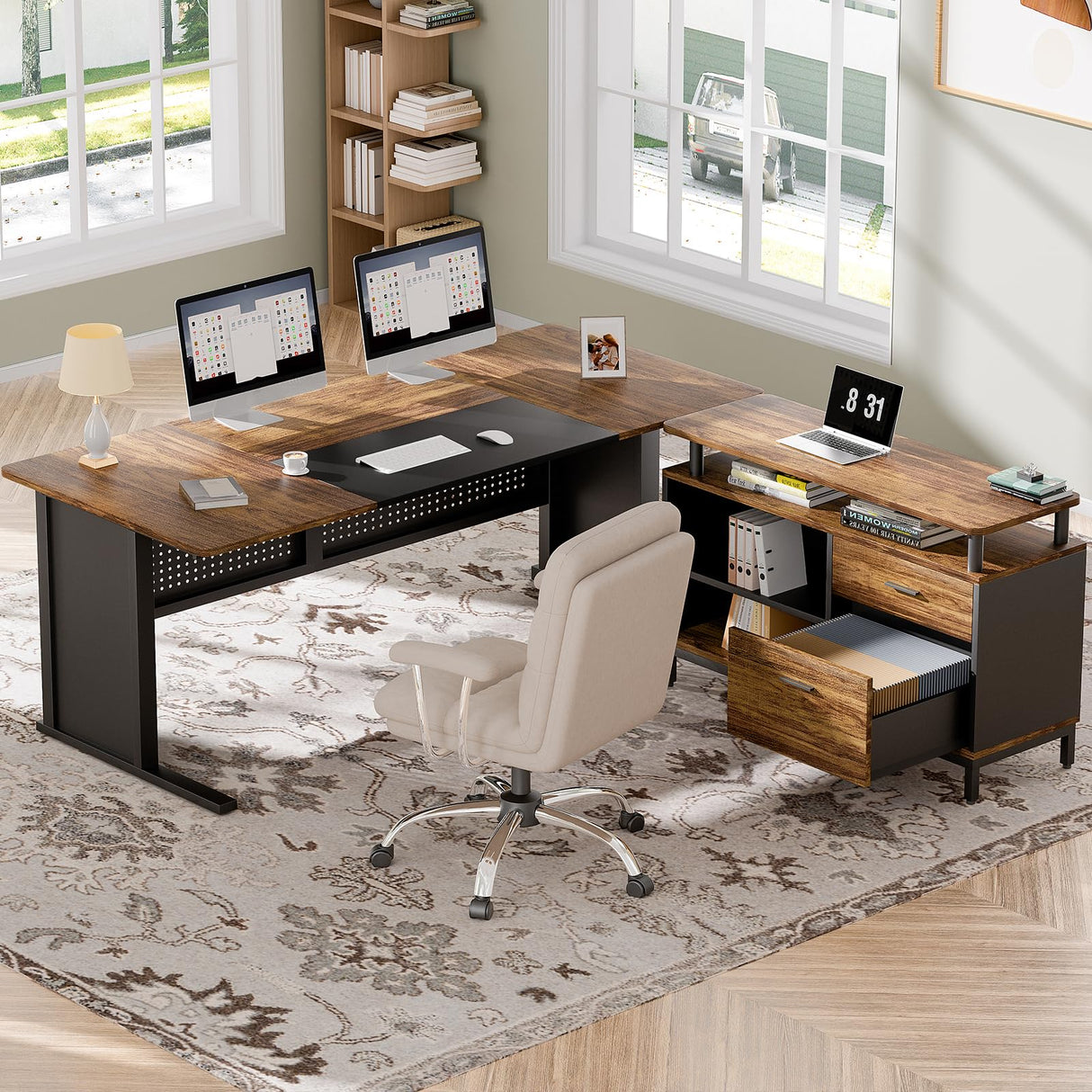 Vagaconl 63" Executive Office Desk Drawer Cabinet,L Shaped Desk with Shelves,Split Computer Desk and lateral Hanging File Cabinet,Home Office Furniture for Home Office, Rustic Brown & Black Vagaconl