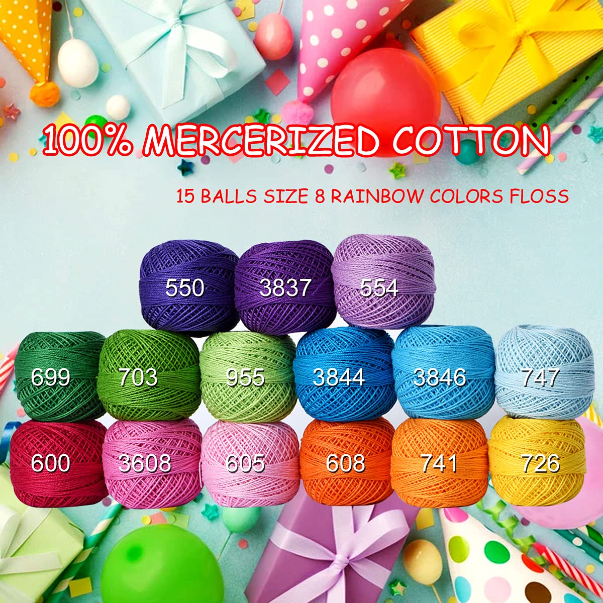 Soft 1500Y 15 Pearl Balls Cardinal Size 8 Rainbow Colors for Crochet Hardanger Cross Stitch Needlepoint Hand Embroidery LE PAON
