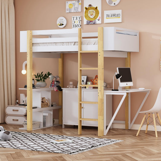 Harper & Bright Designs Twin Size Loft Bed with Foldable Desk, Bookshelf and Built-in Storage Cabinet, Wood Loft Bed Frame, White