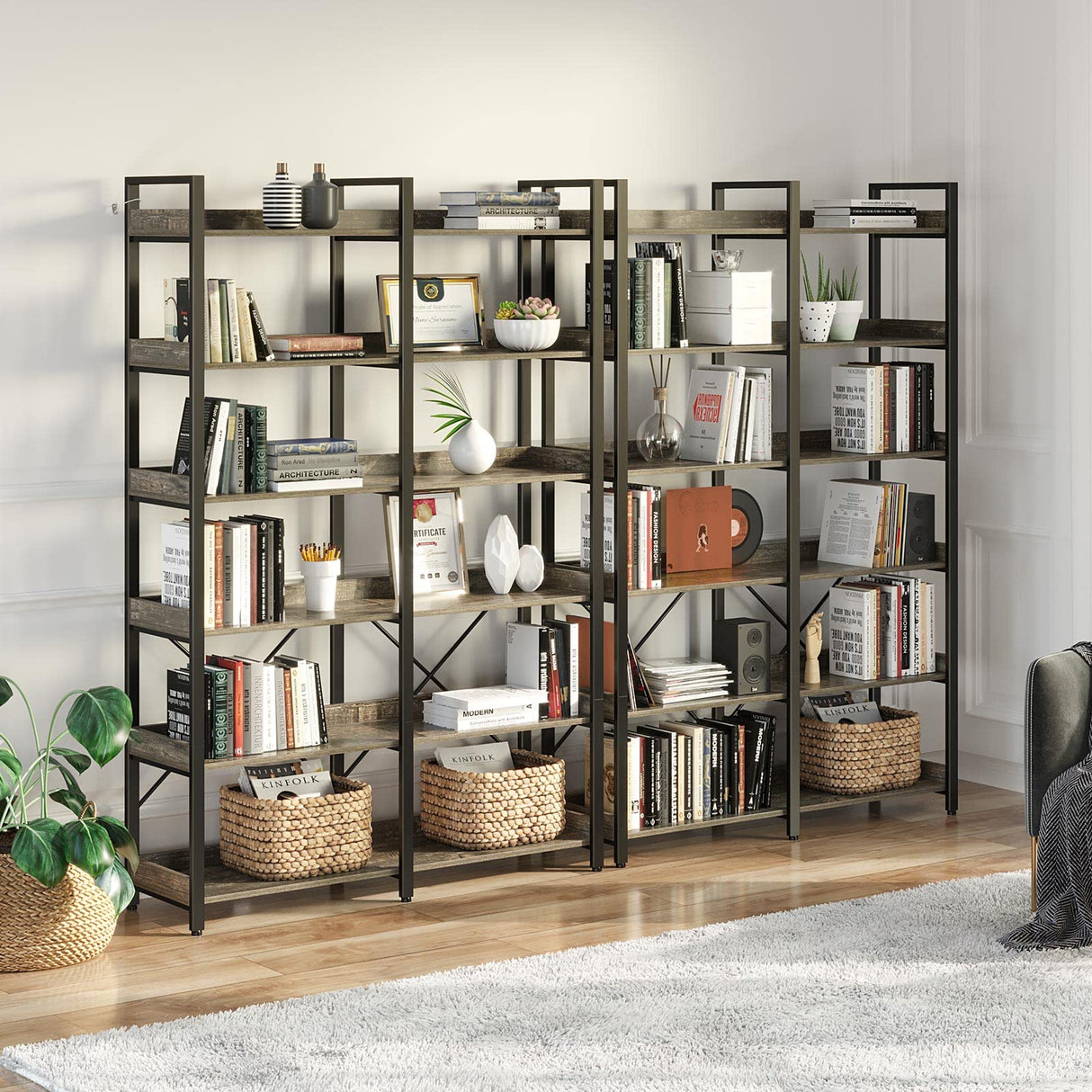 Seventable 6-Tier Industrial Wood and Metal Bookshelf with 4 Hooks – Rustic Grey Display Rack Seventable
