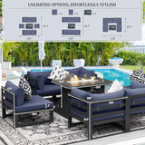 BULEXYARD 8 Seat Minimalist Aluminum Patio Sectional Seating with Fire Pit, 500 lbs Heavy Duty Outdoor Furniture Set, 29" Deep Wide Oversized Seating U Shaped Conversation Couch for Garden, Denim Blue BULEXYARD