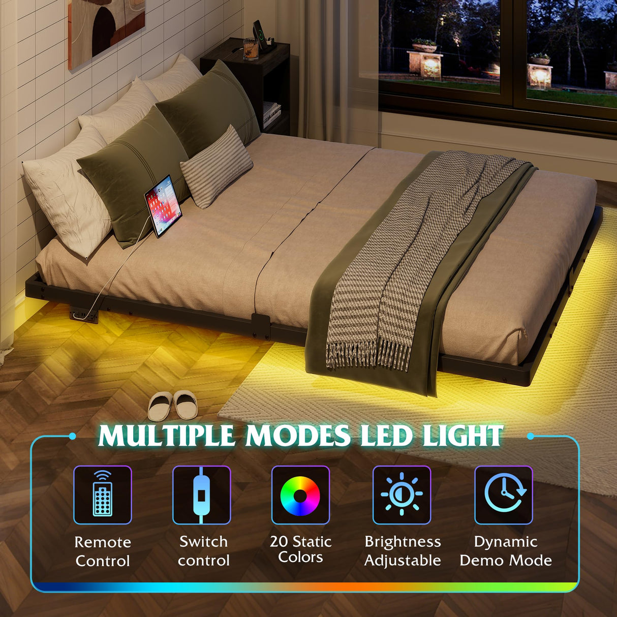 WLIVE Floating Queen Bed Frame, LED Bed Frame with Charging Station, Metal Platform Beds Queen Size with Heavy Duty Steel Slats, No Box Spring Needed, Easy Assembly, No Noise, Black WLIVE