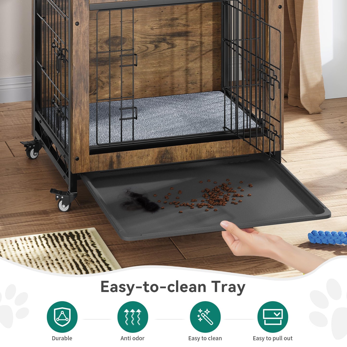 YITAHOME Dog Kennel Furniture with Wheels, Wooden Dog Crate Furniture with Cushion, Dog Crate End Table with Tray, 38" Dog Cage with Double Doors for Small/Medium Dog (Rustic Brown)