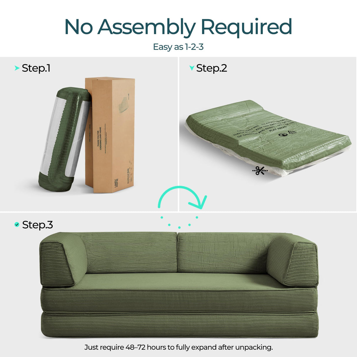 LINSY HOME 79'' Convertible Sofa Bed - Boneless Compression Sofa Folding Loveseat Sleeper - Foldable Corduroy Couch Bed for Living Room Bedroom - Modular Sectional Compressed Sofa in Box, Green LINSY HOME