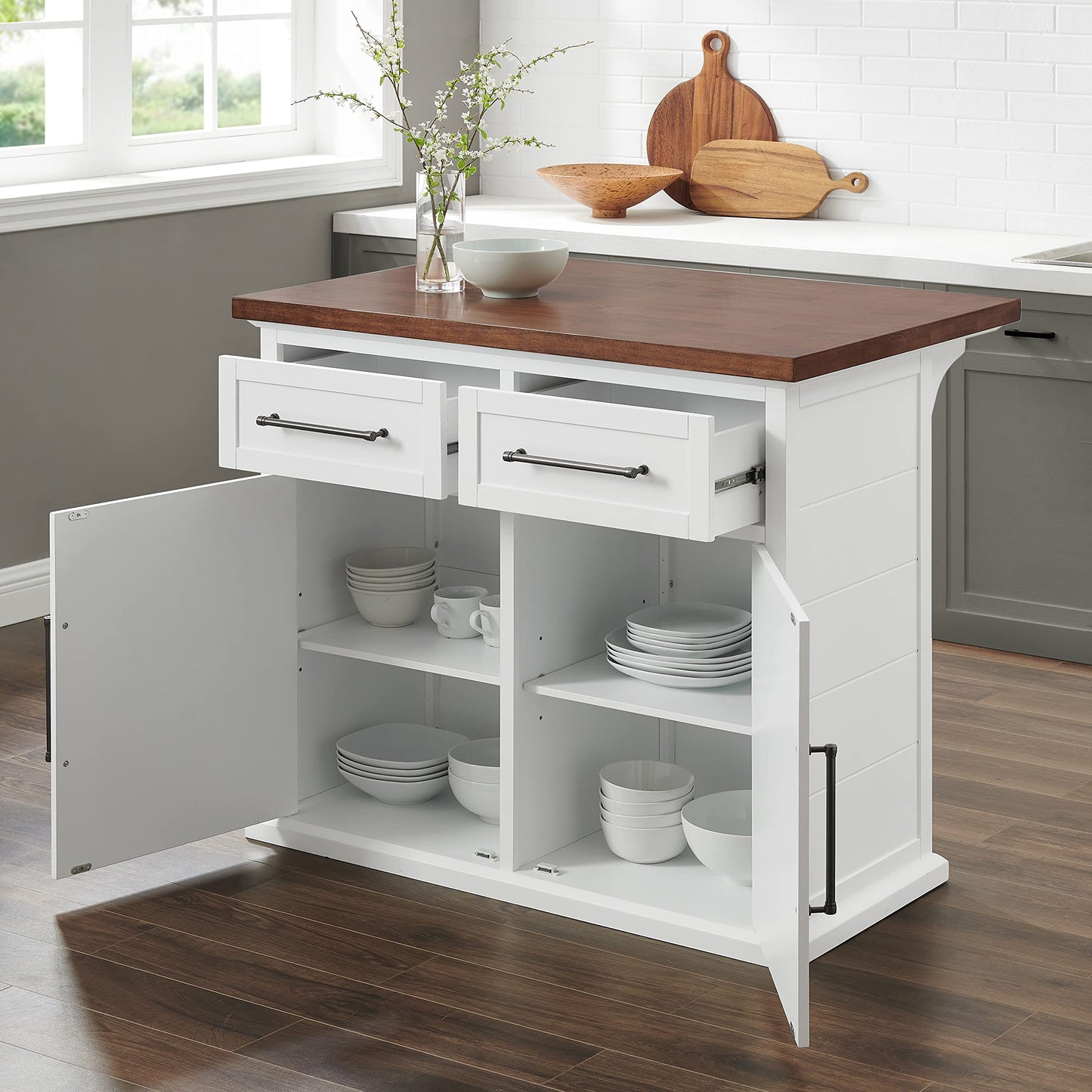 Crosley Furniture Bartlett Kitchen Island with Wood Top, White/Walnut