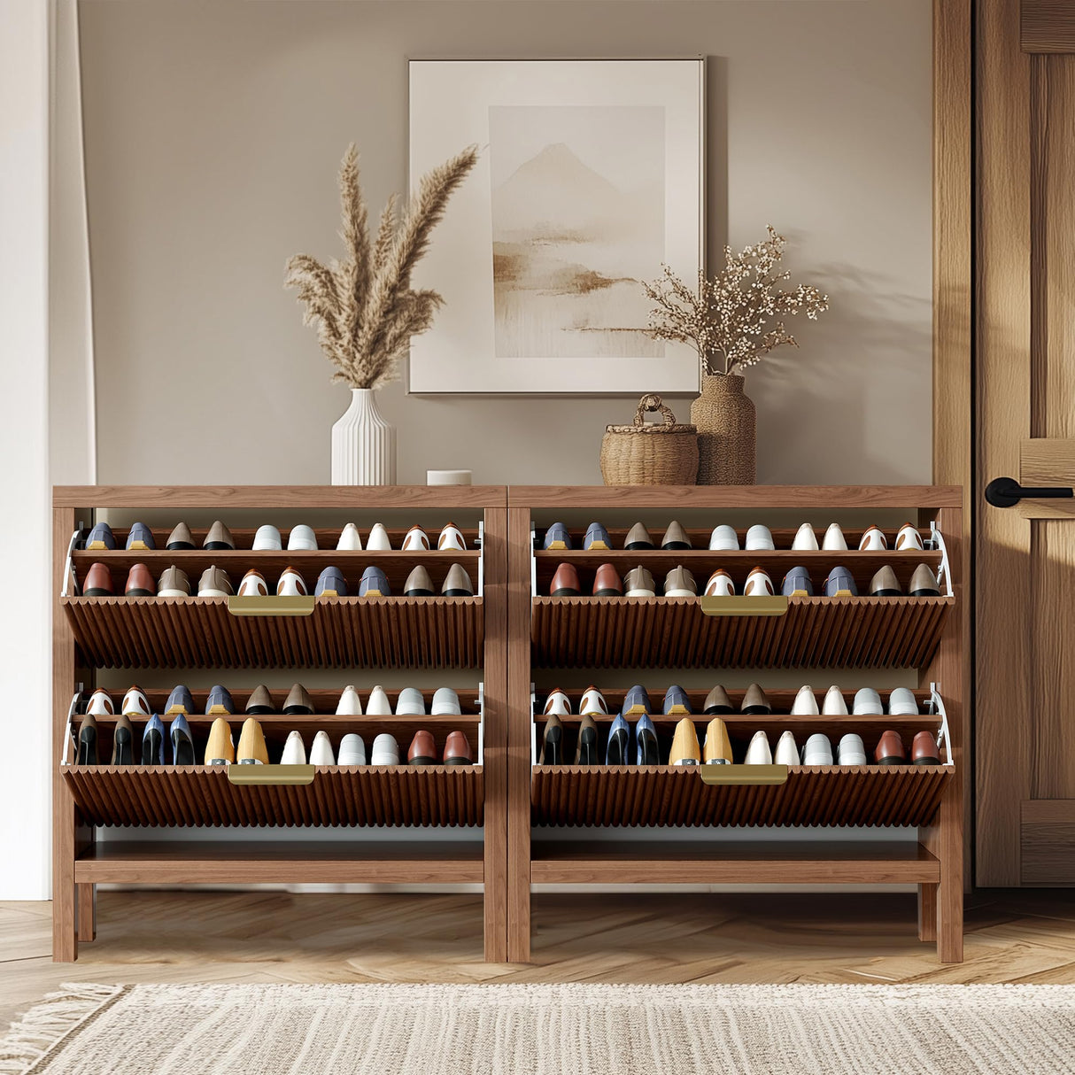 Vudanfe Modern 2-Tier Flip Drawer Shoe Cabinet, Freestanding Hidden Slim Narrow Shoe Rack Cabinet, Wooden Large Capacity Shoe Storage Cabinet Shoe Organizer, for Entryway, Hallway, Walnut X2 Vudanfe