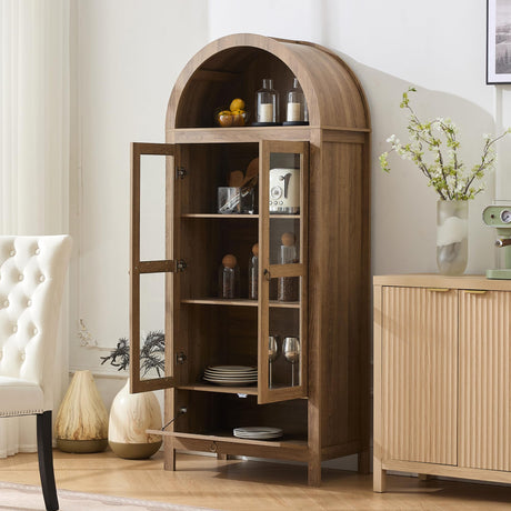TYBOATLE 71" Tall Arched Pantry Cabinet with Innovative Drawer, Kitchen Cabinet with Anti-Tipping Device and Glass Door, Versatile Cupboard for Kitchen, Dining, Natrual TYBOATLE