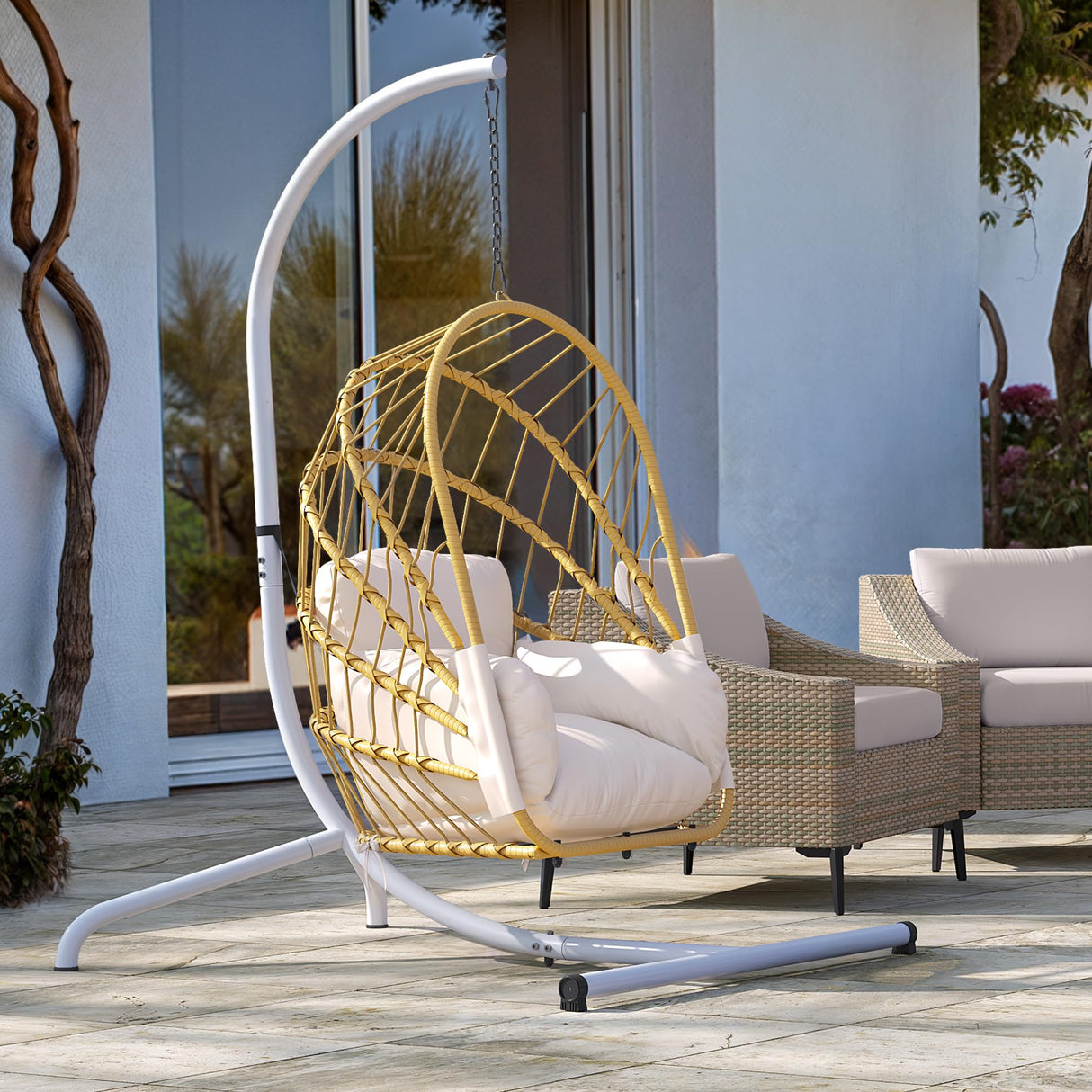 DWVO Wicker Swing Egg Chair 300lbs Capacity - Foldable Hanging Hammock with Cushions & Stand, Indoor/Outdoor Patio Swing Chair for Bedroom, Garden, Balcony (Beige) DWVO