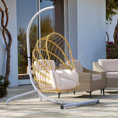 DWVO Wicker Swing Egg Chair 300lbs Capacity - Foldable Hanging Hammock with Cushions & Stand, Indoor/Outdoor Patio Swing Chair for Bedroom, Garden, Balcony (Beige) DWVO