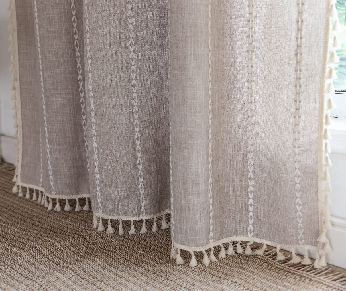 RoomTalks Country Farmhouse Cotton Polyester Curtains for Bedroom Living Room 63 Inch Length Light Filtering Boho Chic Cabin Rustic Window Curtain Panels with Tassels Striped Bohemian Draperies RoomTalks