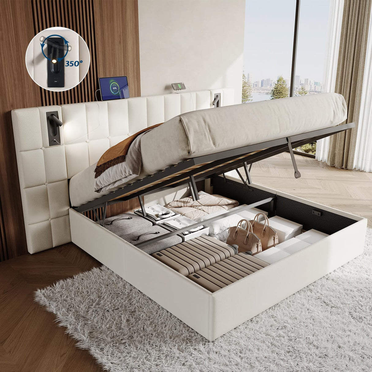 Jocisland King Size Upholstered Bed Frame with Widened Headboard,Lift-Up Storage Bed and Built-in Reading Light, Velvet Platform Frame, No Box Spring Required,Cream Jocisland