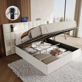 Jocisland King Size Upholstered Bed Frame with Widened Headboard,Lift-Up Storage Bed and Built-in Reading Light, Velvet Platform Frame, No Box Spring Required,Cream Jocisland