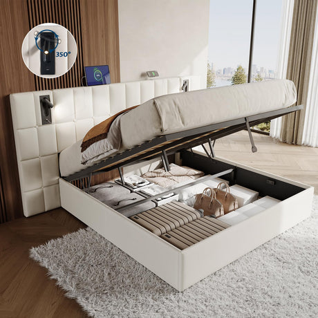 Jocisland King Size Upholstered Bed Frame with Widened Headboard,Lift-Up Storage Bed and Built-in Reading Light, Velvet Platform Frame, No Box Spring Required,Cream Jocisland