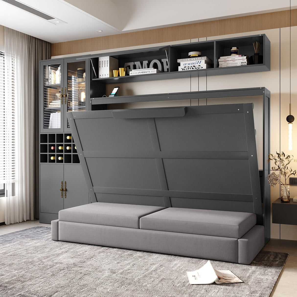 Harper & Bright Designs Full Size Murphy Bed, Wall Bed with Sofa, Shelves USB & Light, Gray Harper & Bright Designs