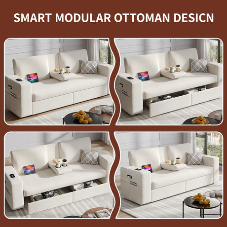 Maupvit 75” Loveseat Sofa with 2 Drawers, USB & Type-C Charging Port, Comfortable Linen Living Room Couch with Small Table Board, Upholstered Small Settee Fits Bedroom, Office,Beige Maupvit