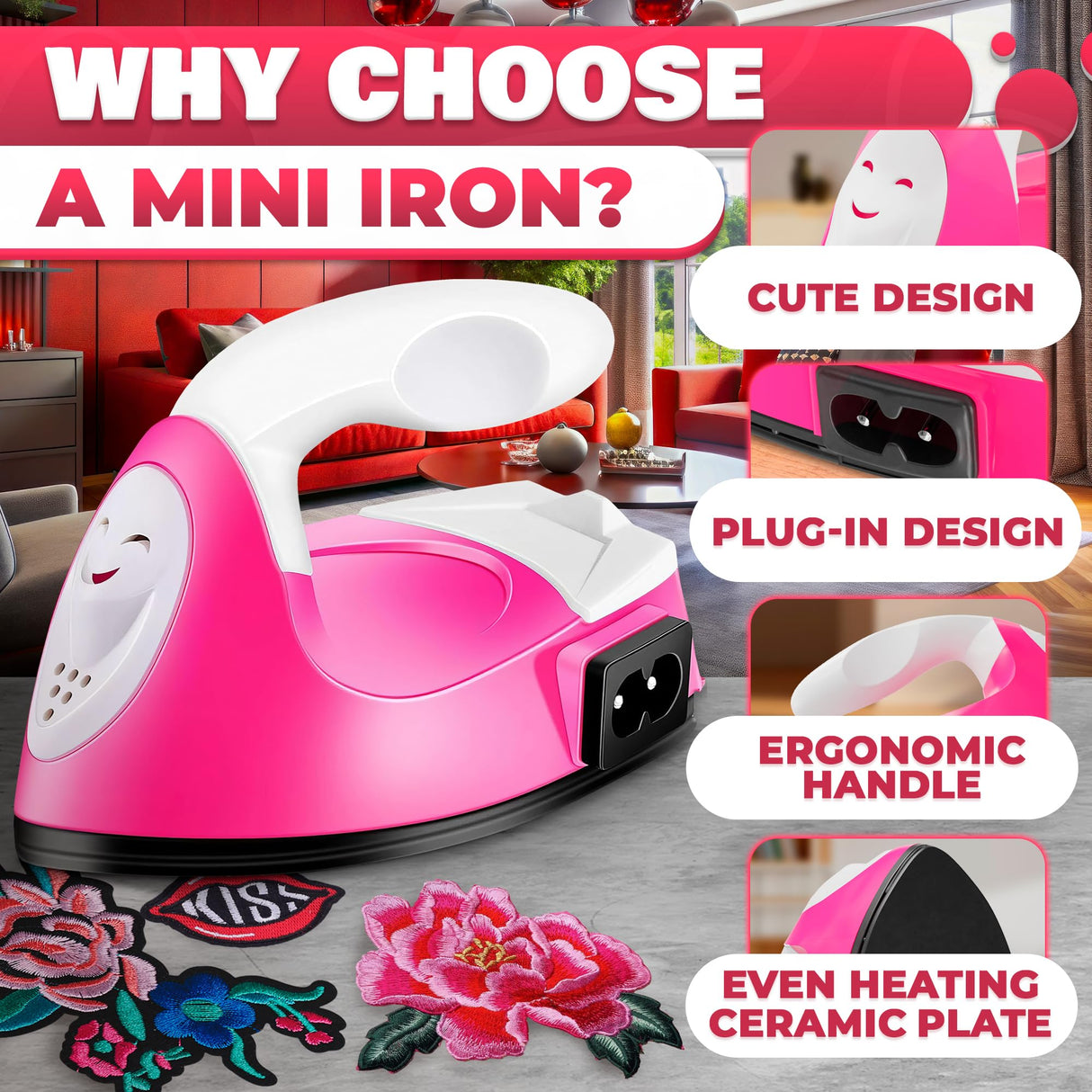 Mini Iron for Crafting 2.3" x 3.9" – Cute Mini Craft Iron for Patches, Sewing, Quilting with Quick Heat-Up Ceramic Plate & 59" Cord – Designed for Ironing Patches, Bling, and Small Craft Projects MYCRITEE