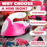 Mini Iron for Crafting 2.3" x 3.9" – Cute Mini Craft Iron for Patches, Sewing, Quilting with Quick Heat-Up Ceramic Plate & 59" Cord – Designed for Ironing Patches, Bling, and Small Craft Projects MYCRITEE