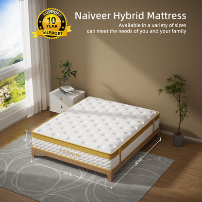 Naiveer Cooling Gel Queen Mattresses 14 Inch Memory Foam Hybrid Mattress for Back Pain & Pressure Relief, Queen Size Mattress in A Box with Pocket Springs, Medium Firm with CertiPUR-US Certified